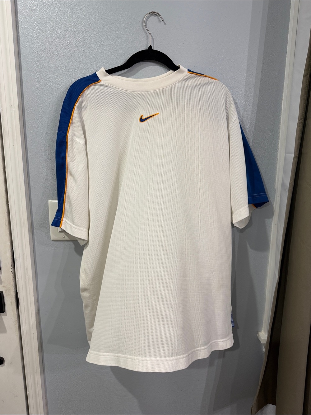 Nike White Short Sleeve Athletic Tee with Blue & Gold Accents